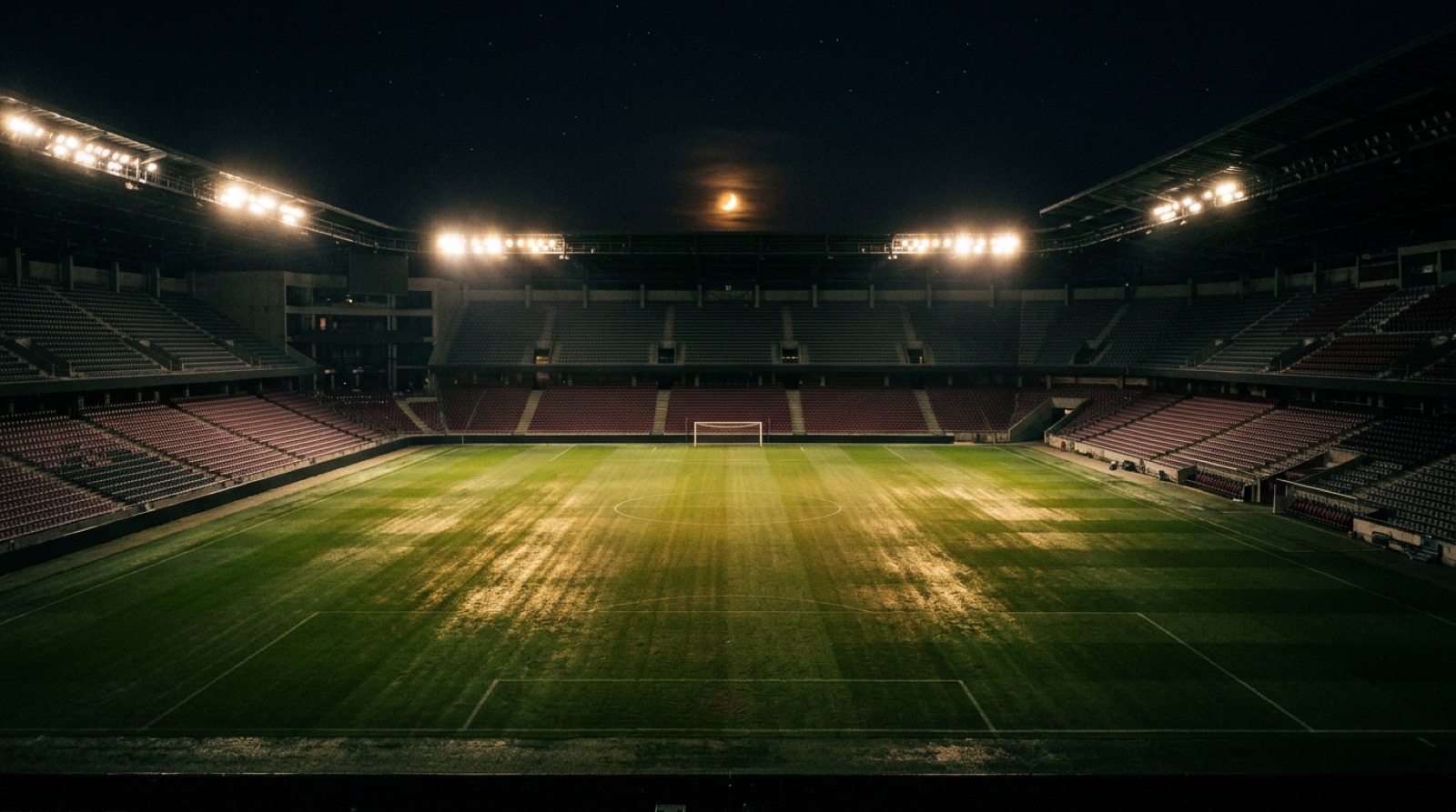 Stadio di notte con i riflettori accesi e il cielo scuro