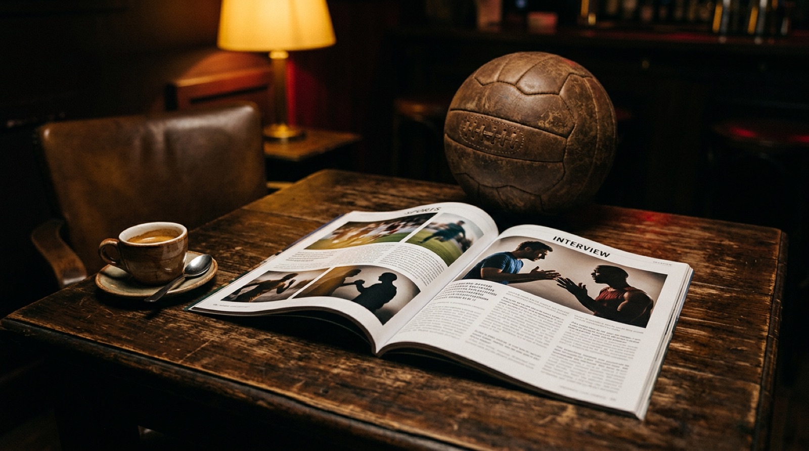 Rivista sportiva aperta su un tavolo con caffè e pallone vintage