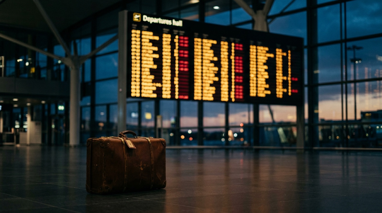 Tabellone partenze di un aeroporto al crepuscolo con una valigia in primo piano