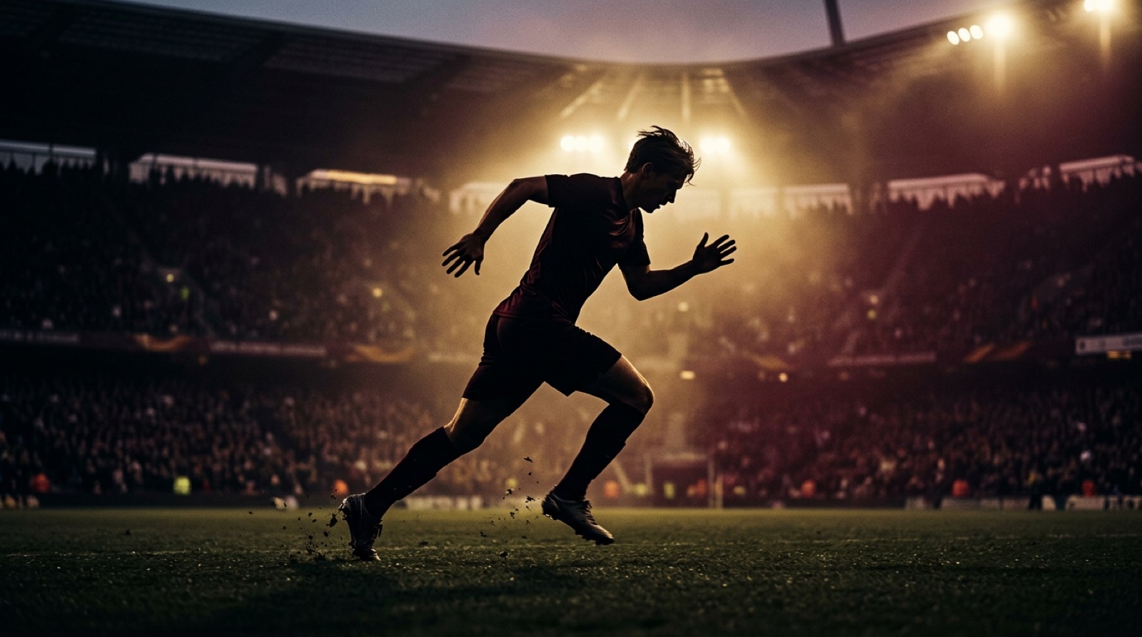 Pallone sul dischetto del rigore in uno stadio vuoto al tramonto