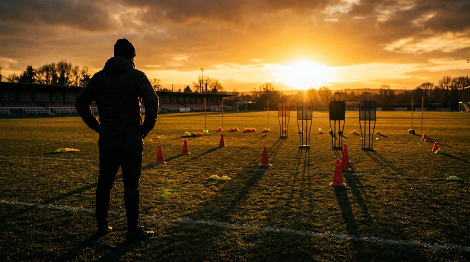 Silhouette di un allenatore di spalle sul campo d'allenamento al tramonto