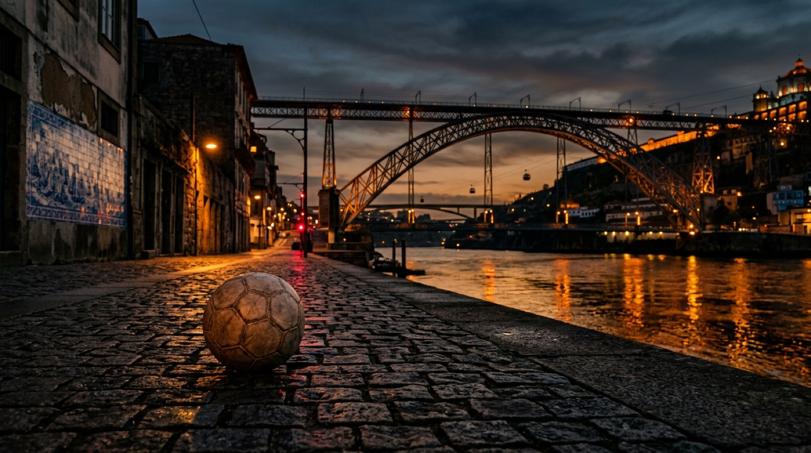 Pallone sulla riva del Douro a Porto con il ponte Dom Luís