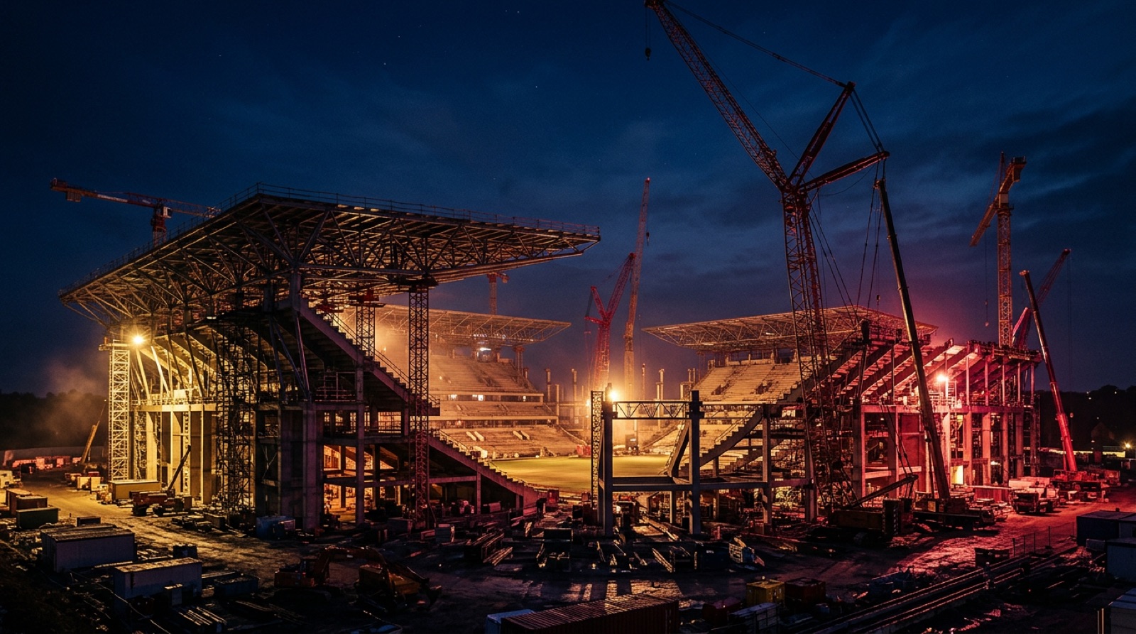 Rendering notturno di uno stadio moderno in costruzione con gru e luci oro e granata
