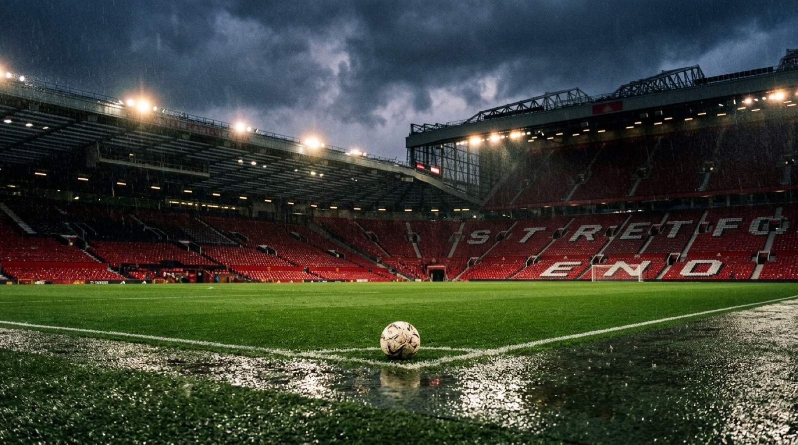 Stadio inglese sotto la pioggia con pallone sul prato bagnato