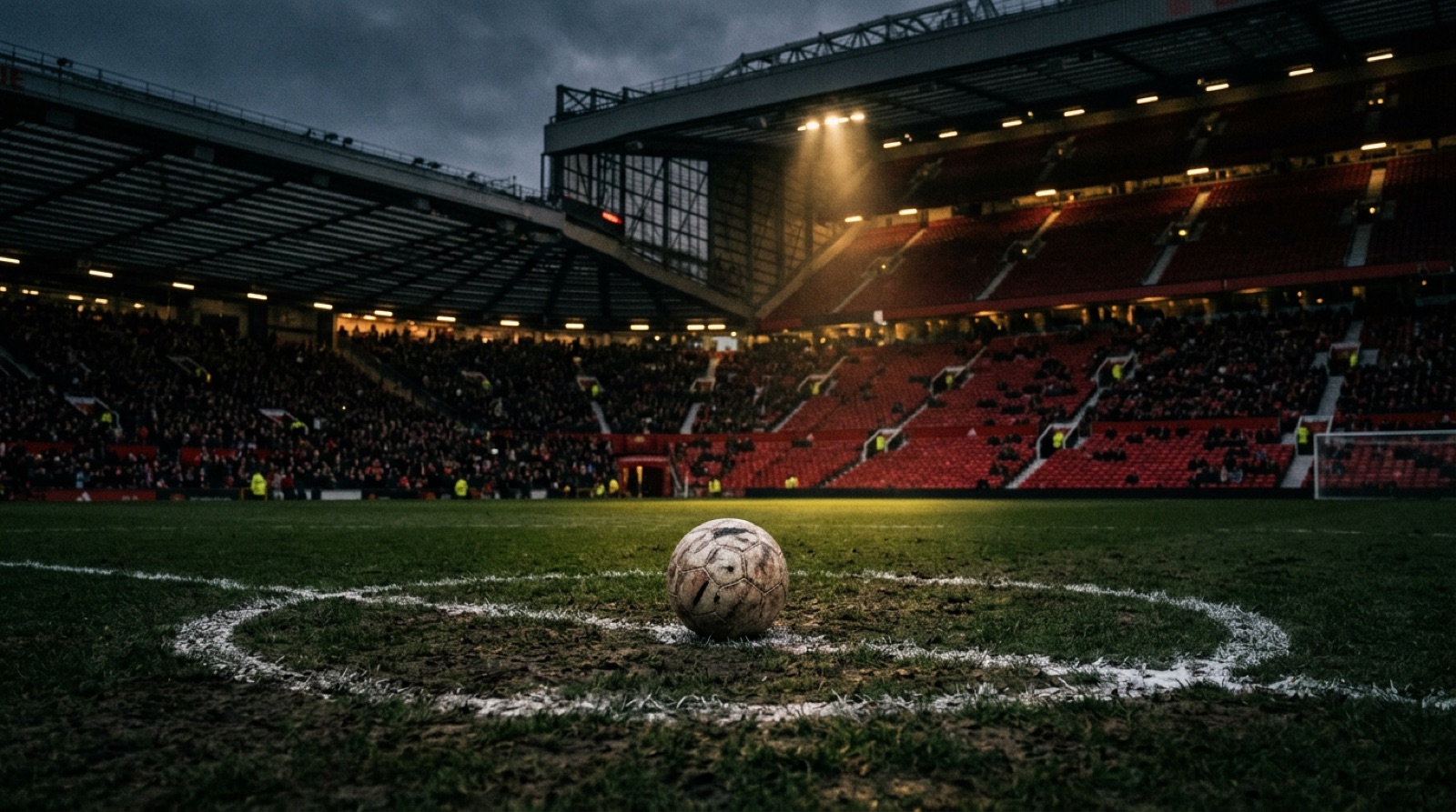 Pallone al centro del cerchio di centrocampo di uno stadio inglese